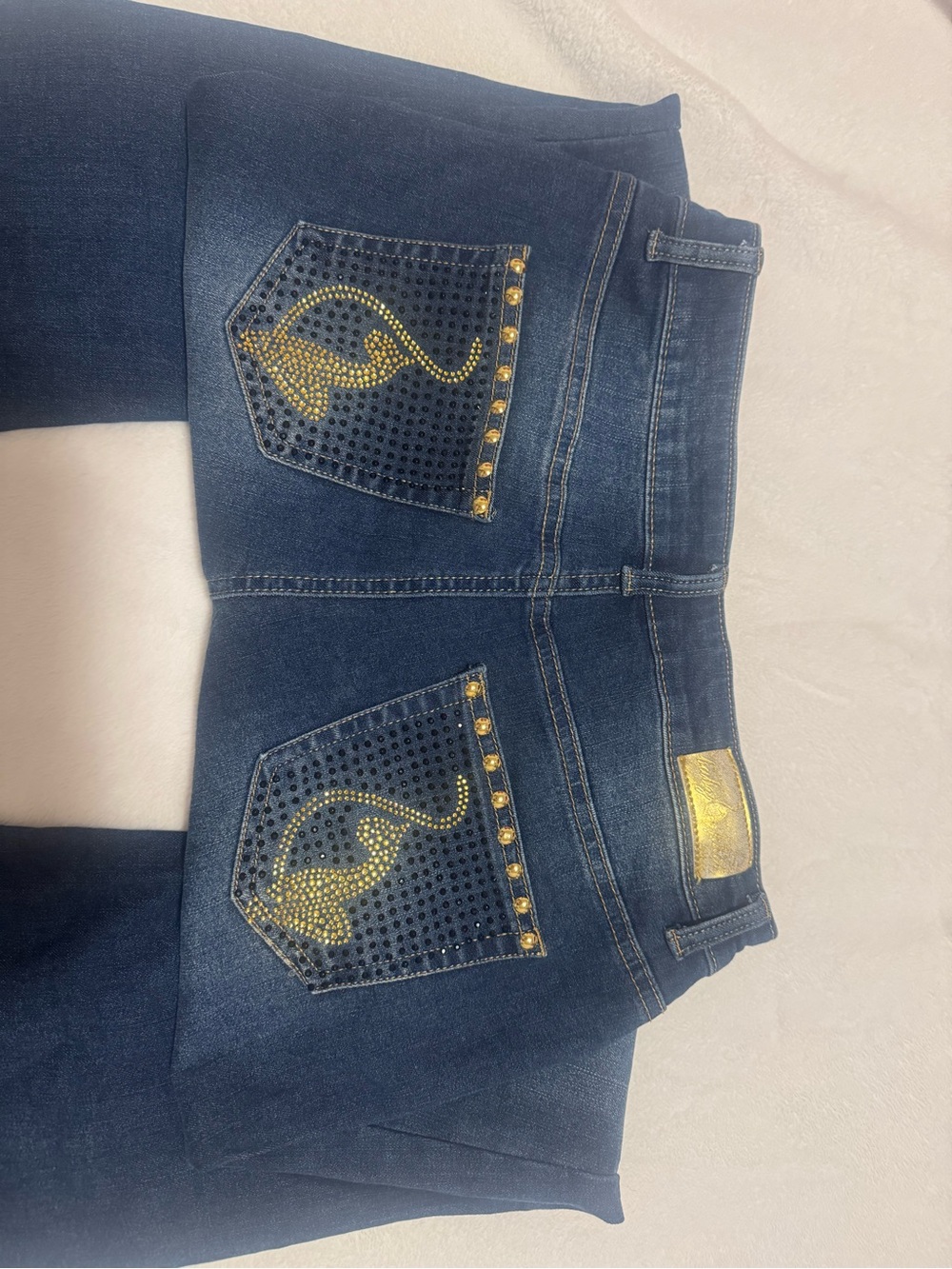 Baby phat Dark Blue Women’s Jeans with Gold Stud and Rhinestone Pocket Detail